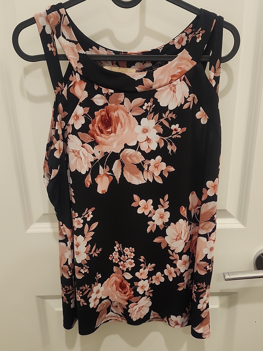 Diana Belle Womens Black Floral Sleeveless Tank Top with Pink Roses Size Large
